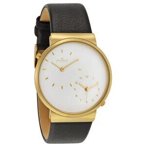 Skagen Denmark Ancher Dual Time SKW6107 Gold Leather Watch 40mm Quartz
